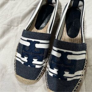 Tory Burch Navy and White Logo Espadrille Flats